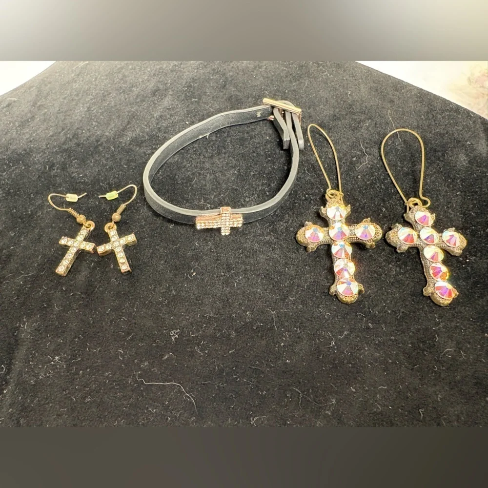 Gold Tone and Rhinestone Cross Earrings and Bracelet Set